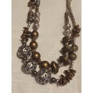Multi Strand Bronze & Silver Tone Beaded Necklace Filigree Ball Statement Chunky